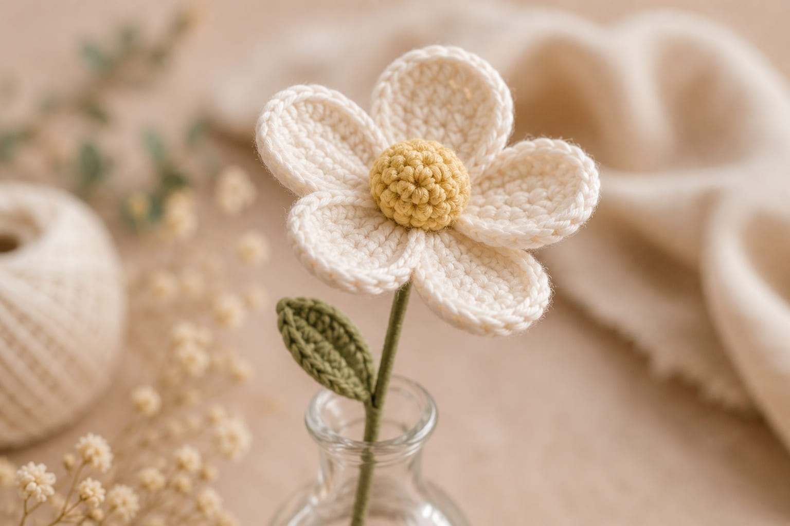 Finished dimensional crochet cotton flower with wired stem