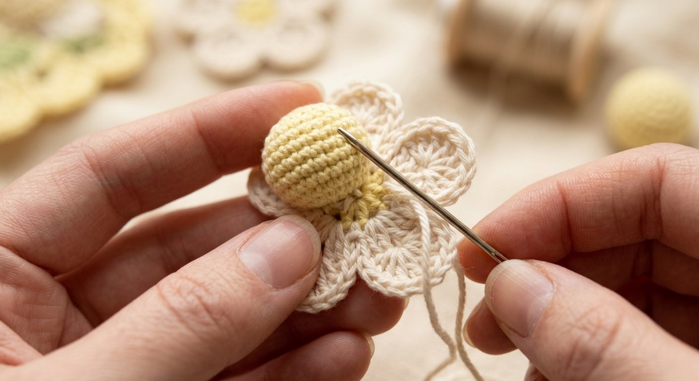 Sewing the center pod onto the crocheted petals