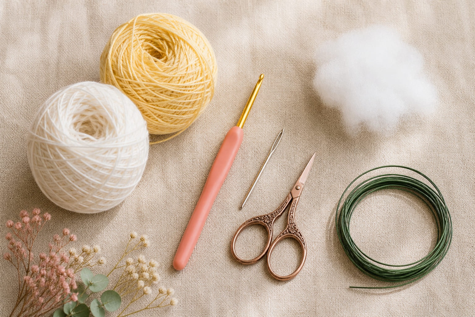 Materials for crocheting a cotton flower: cotton yarn, hook, wire and stuffing