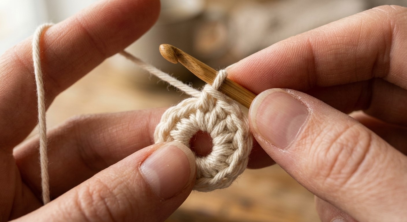 Close-up of a magic ring with five single crochet stitches
