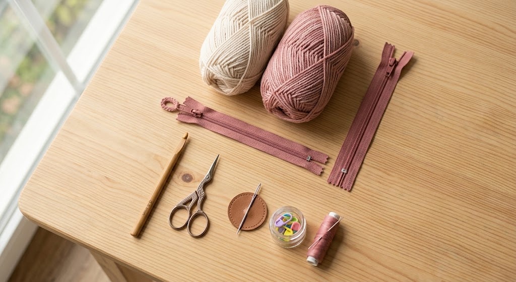 Materials for a crochet pencil case: cotton yarn, hook, zipper and needle