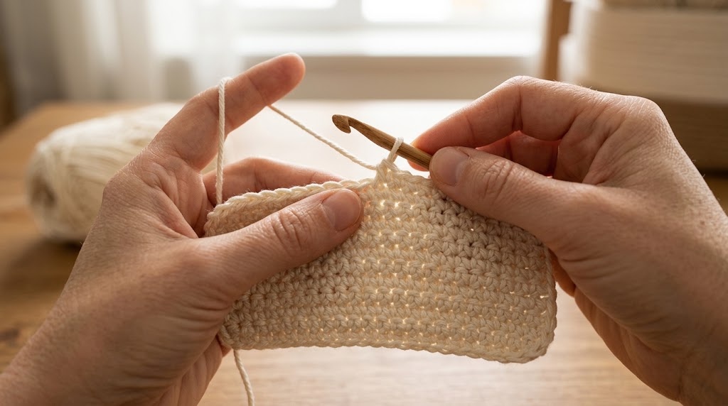 Crocheting the single crochet panel for a pencil case
