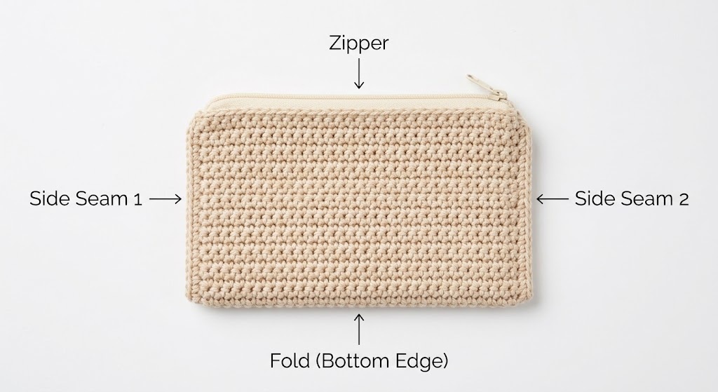 Diagram of folding the crochet panel and closing the side seams of a pencil case
