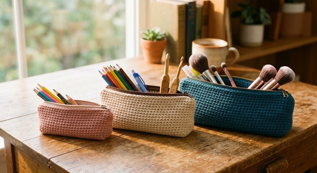 Three finished crochet pencil cases in mini, standard and large sizes